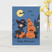 Halloween Witch, Black Cat en Pumpkins Kaart (Gele Bloem)