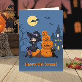 Halloween Witch, Black Cat en Pumpkins Kaart