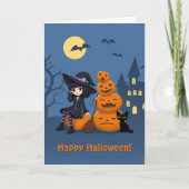 Halloween Witch, Black Cat en Pumpkins Kaart (Voorkant)
