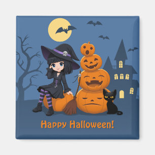 Halloween Witch, Black Cat en Pumpkins Magneet