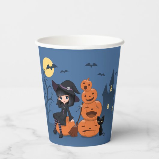 Halloween Witch, Black Cat en Pumpkins Papieren Bekers (Achterkant)