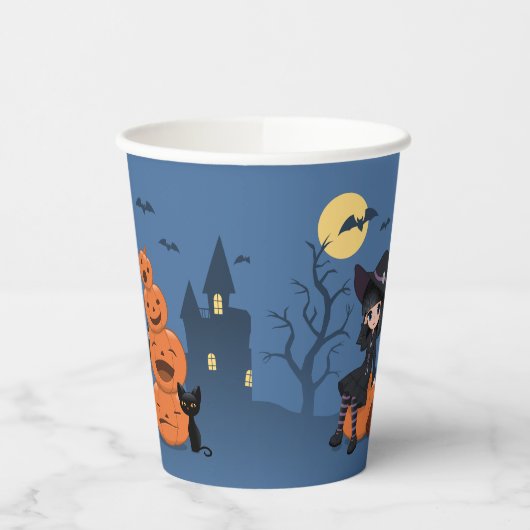 Halloween Witch, Black Cat en Pumpkins Papieren Bekers (Links)