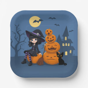 Halloween Witch, Black Cat en Pumpkins Papieren Bordje