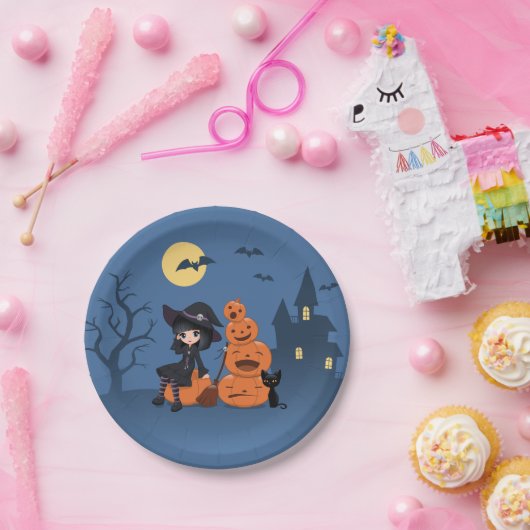 Halloween Witch, Black Cat en Pumpkins Papieren Bordje (Feest)