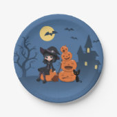 Halloween Witch, Black Cat en Pumpkins Papieren Bordje (Voorkant)