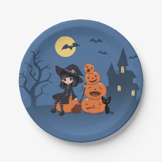 Halloween Witch, Black Cat en Pumpkins Papieren Bordje (Voorkant)