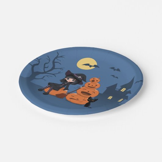 Halloween Witch, Black Cat en Pumpkins Papieren Bordje (Gekanteld)