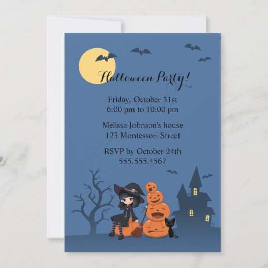Halloween Witch, Black Cat en Pumpkins Party Kaart (Voorkant)