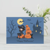 Halloween Witch, Black Cat en Pumpkins Party Kaart (Staand voorkant)