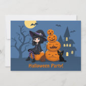 Halloween Witch, Black Cat en Pumpkins Party Kaart (Voorkant)