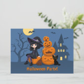 Halloween Witch, Black Cat en Pumpkins Party Kaart (Staand voorkant)