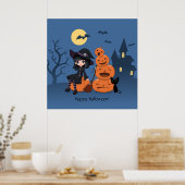 Halloween Witch, Black Cat en Pumpkins Poster (Keuken)