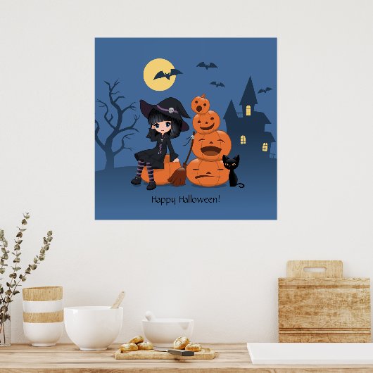 Halloween Witch, Black Cat en Pumpkins Poster (Keuken)