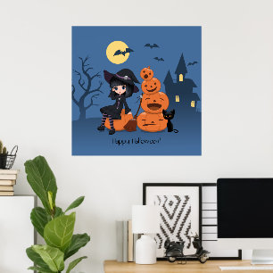 Halloween Witch, Black Cat en Pumpkins Poster