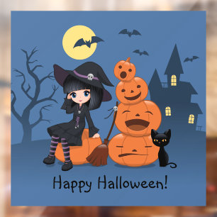 Halloween Witch, Black Cat en Pumpkins Raamsticker