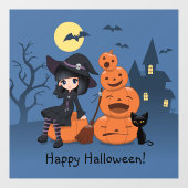 Halloween Witch, Black Cat en Pumpkins Raamsticker (Vel)