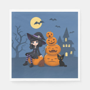 Halloween Witch, Black Cat en Pumpkins Servet