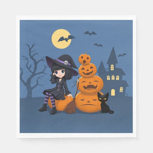 Halloween Witch, Black Cat en Pumpkins Servet (Voorkant)