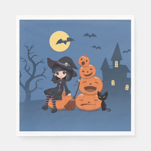 Halloween Witch, Black Cat en Pumpkins Servet (Voorkant)
