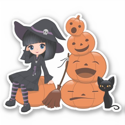 Halloween Witch, Black Cat en Pumpkins Sticker (Voorkant)