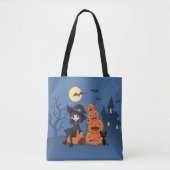 Halloween Witch, Black Cat en Pumpkins Tote Bag (Voorkant)