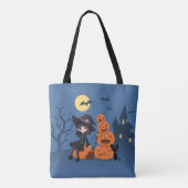 Halloween Witch, Black Cat en Pumpkins Tote Bag (Achterkant)