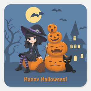 Halloween Witch, Black Cat en Pumpkins Vierkante Sticker