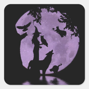 Halloween Witch, Black Cat, Owl, Raven en Wolf Vierkante Sticker