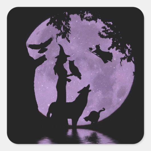 Halloween Witch, Black Cat, Owl, Raven en Wolf Vierkante Sticker (Voorkant)