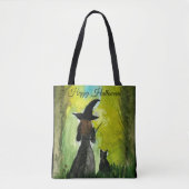Halloween Witch Black Cat Waterverf Modern Tote Bag (Voorkant)