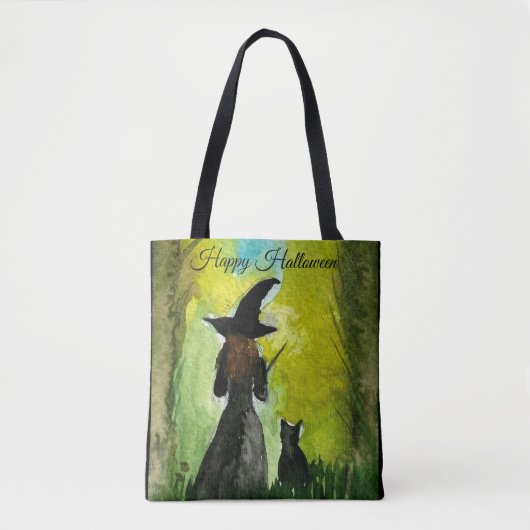 Halloween Witch Black Cat Waterverf Modern Tote Bag (Voorkant)