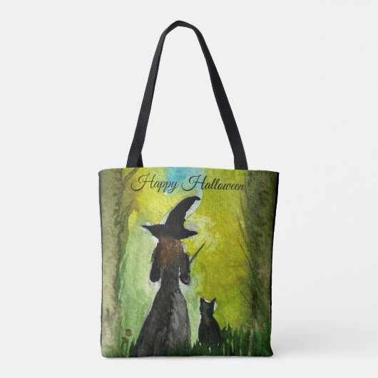 Halloween Witch Black Cat Waterverf Modern Tote Bag (Achterkant)