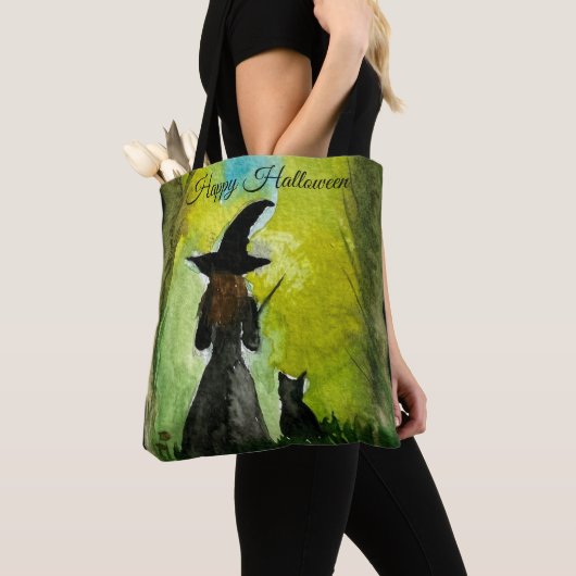 Halloween Witch Black Cat Waterverf Modern Tote Bag (Dichtbij)