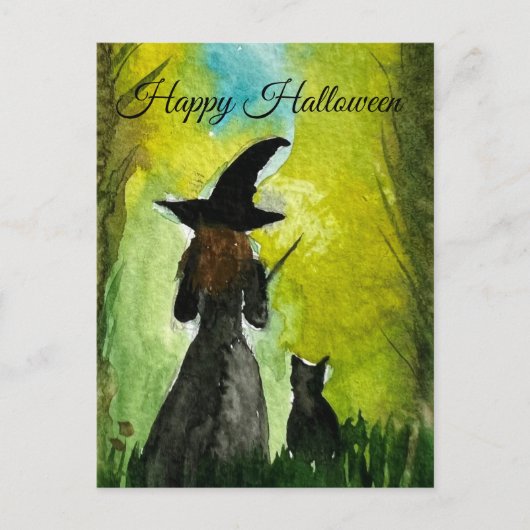 Halloween Witch Black Cat Woman Spells Briefkaart (Voorkant)