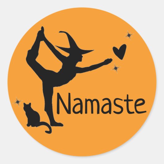 Halloween Witch Black Cat Yoga Namaste Sinaasappel Ronde Sticker (Voorkant)