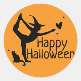 Halloween Witch Black Cat Yoga Oranje Modern Ronde Sticker