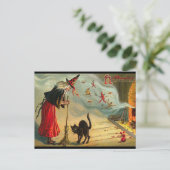 Halloween Witch Briefkaart, Black Cat, Broom, Magi Briefkaart (Staand voorkant)