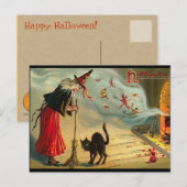 Halloween Witch Briefkaart, Black Cat, Broom, Magi Briefkaart (Voorkant / Achterkant)