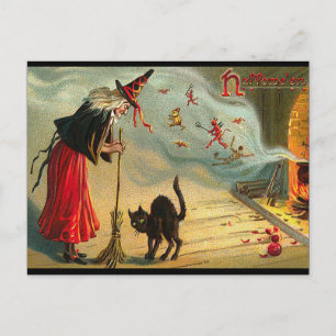 Halloween Witch Briefkaart, Black Cat, Broom, Magi Briefkaart