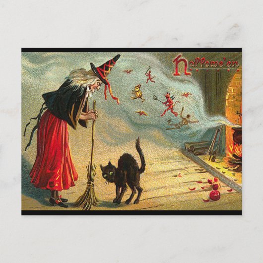 Halloween Witch Briefkaart, Black Cat, Broom, Magi Briefkaart (Voorkant)