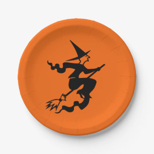 Halloween Witch Broomstick Sinaasappel Zwart 4Ann Papieren Bordje
