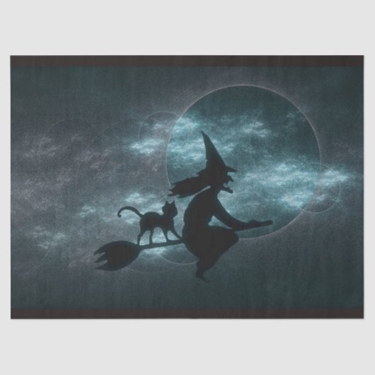 Halloween Witch Cat Broom Moon Clouds Tissuepapier (Voorkant)