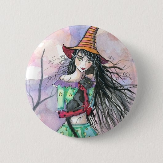 Halloween Witch Cat Button Pin (Voorkant)