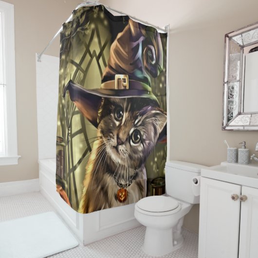 Halloween Witch Cat Douchegordijn (In situ)