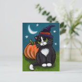 Halloween Witch Cat en Pumpkin Illustratie Briefkaart (Staand voorkant)