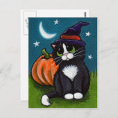Halloween Witch Cat en Pumpkin Illustratie Briefkaart (Voorkant / Achterkant)