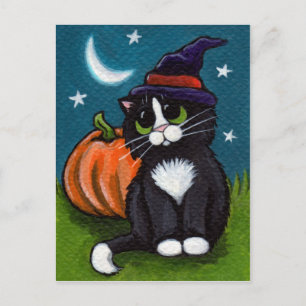 Halloween Witch Cat en Pumpkin Illustratie Briefkaart