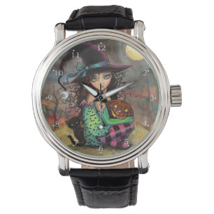 Halloween Witch Cat Fantasy Art Horloge