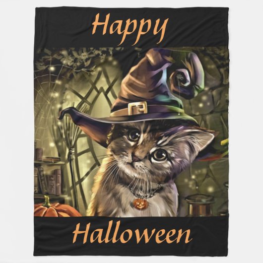 Halloween Witch Cat Fleece Deken (Voorkant)