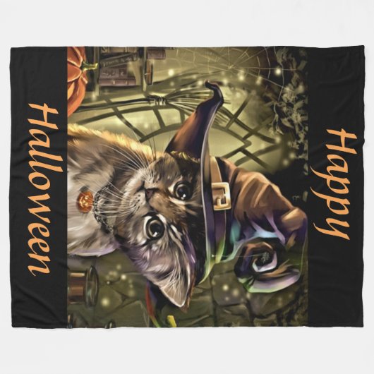 Halloween Witch Cat Fleece Deken (Voorkant (Horizontaal))